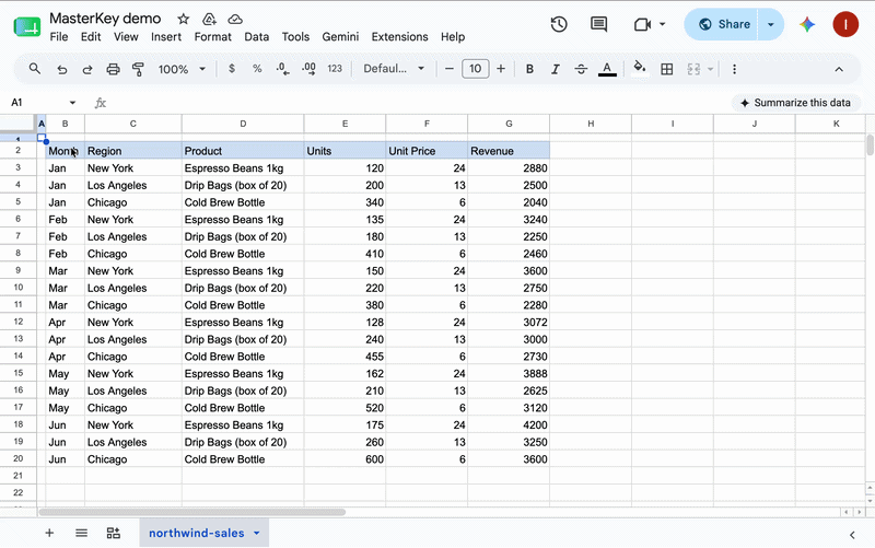 MasterKey in action: clicking a button in Google Sheets pops up the matching keyboard shortcut